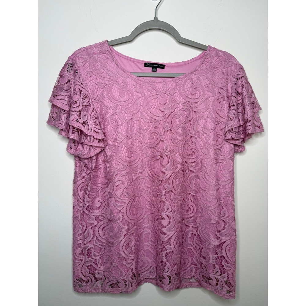 Adrianna Papell Womens XL Pink Lace Top Coquette Romantic Tiered Flutter Sleeves